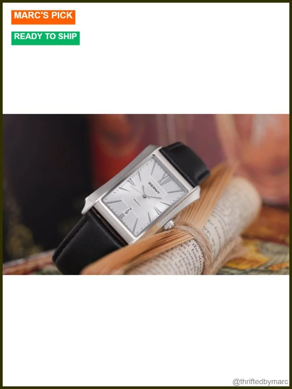 Men's Rectangular Quartz Watch Stainless Steel Leather Strap